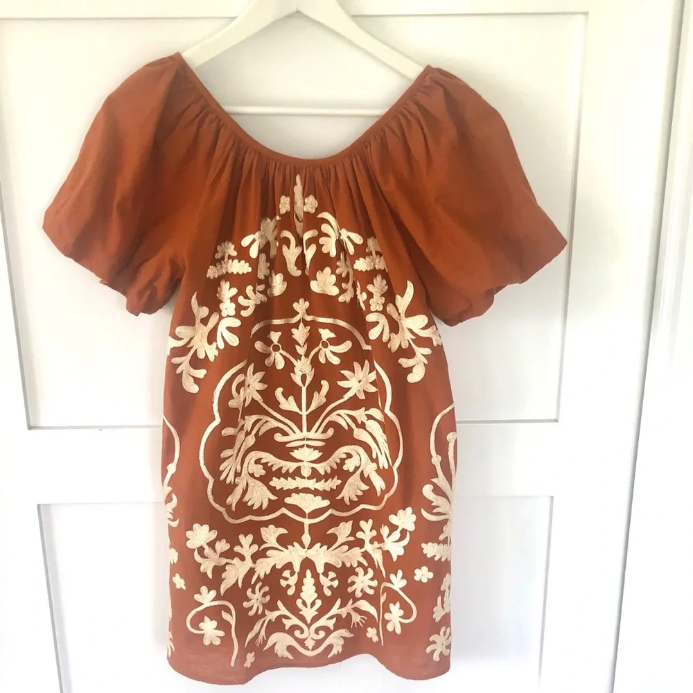 ✨HP✨FREE PEOPLE Embroidered Fiona Midi Dress Deep Ochre XS